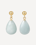 Teardrop-shaped earrings with gold hooks on a white background