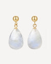Gold earrings with teardrop-shaped moonstone stones on a white background