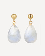 Gold earrings with teardrop-shaped moonstone stones on a white background